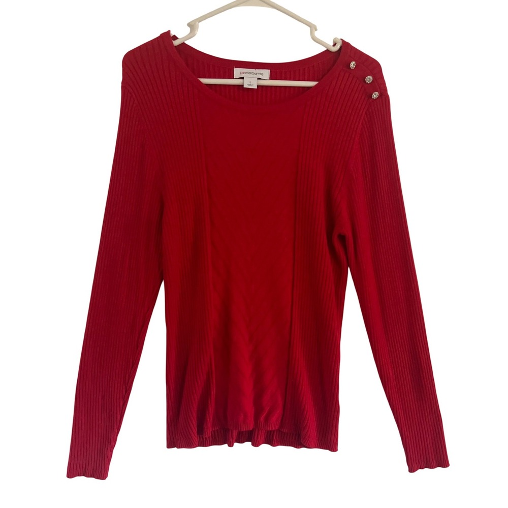 Liz Claiborne Red Knit Top Rhinestone Button Shoulder Detail Women's Size L